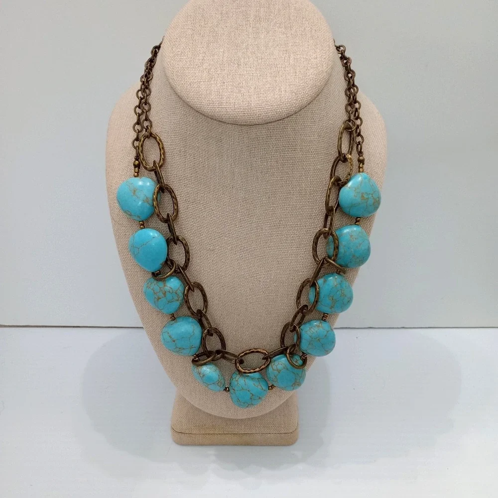 Premier Designs Turquoise Statement Necklace Gold Tone Signed